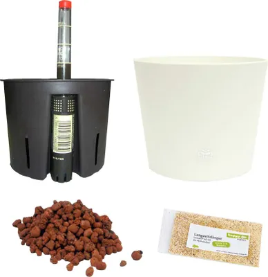A collection of items for a hydroponic plant setup, including a planter, inner pot with water indicator, leca balls, and fertilizer.