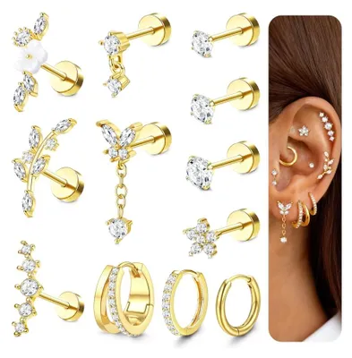 Produktbild von Helix Piercing Set - Chirurgisch Stahl - 12 Stück für Mehrere Ohr-Piercings