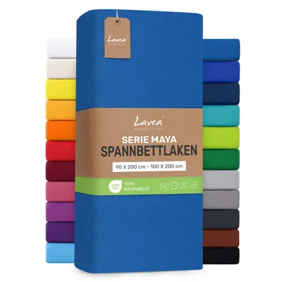 Produktbild von Lavea® Spannbettlaken 90x200cm - 100x200cm, Maya, 100% Baumwolle – Weiches, atmungsaktives Bettlaken für Matratzen bis 20cm - Aquamarin