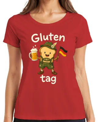 Productafbeelding van Glutenvrij, grappig Oktoberfest-shirt, toastbrood, bier, lederhosen, dirndl, dames T-shirt, rood, maat L