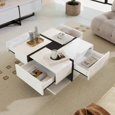 Produktbild von ProximaX Hochglanz - Couchtisch: 4 Schubladen, einzigartiges Farb - & Liniendesign, 78x78x36 cm