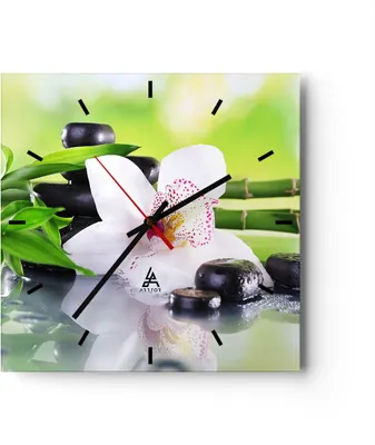 Produktbild von Wanduhr - Quadrat - Glasuhr - blume orchidee - 40x40cm - Schleichendes Uhrwerk - Lautlos - zum Aufhängen bereit - Dekoration Modern - Wanddekoration aus Glas - C3AC40x40-3659
