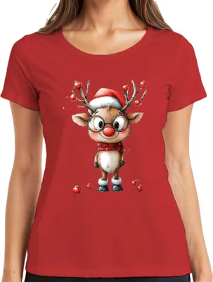Produktbild von Lustiges Rentier Rudolf mit Brille rote Nase Weihnachten Geschenk Damen T-Shirt, Rot, XXL