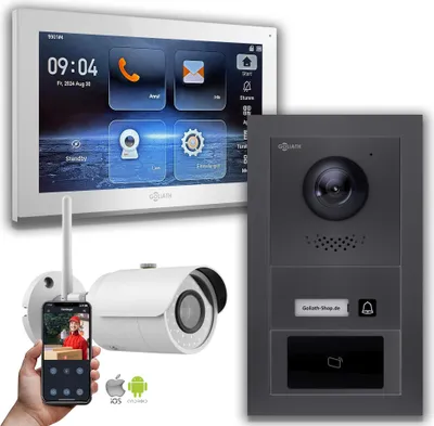 Produktbild von Goliath IP Video Türsprechanlage: 10-Zoll 1 Monitor, RFID, Anthrazit, Wifi-Kamera   : Aufputzdose : 10 Zoll in Weiß : 4er POE Anschluss über:: 4er POE Monitor Auswahl: 10 Zoll in Weiß Türklingel Montagedose: Aufputzdose