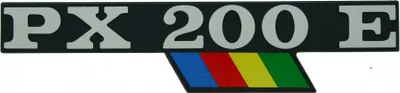 Immagine prodotto di Emblema RMS / scritta " PX 200 E " colorata compatibile con la cover laterale Vespa PX 200 - 2 perni 145x32mm interasse fori 105mm