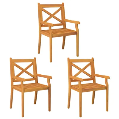 Three wooden chairs are arranged against a white background.