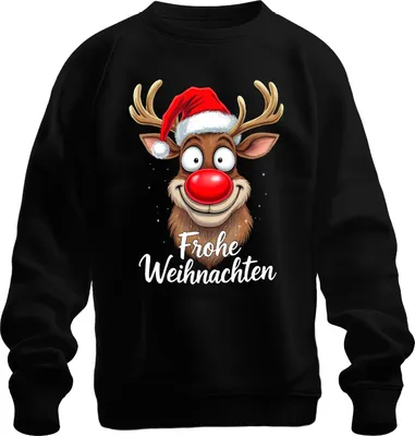 Produktbild von Frohe Weihnachten Lustiges Rentier Rudolf Weihnachtsmütze Cartoon Uni Sweatshirt Pullover, Schwarz, XL