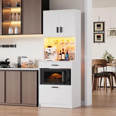 Produktbild von TWSOUL Buffet Mikrowellenregal mit Steckdosen & LED Küchenschrank mit Pegboard, Schublade & USB, Stauraum Weiß