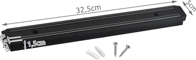 A black magnetic knife bar with dimensions indicated by arrows and measurements.