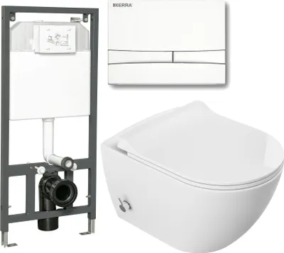 A collage of a wall-mounted toilet cistern, a flush plate, and a wall-mounted toilet bowl.