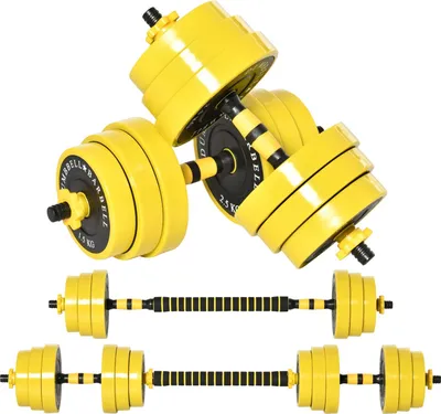 Zdjęcie produktu dla Zestaw hantli 25 kg Regulowany ergonomiczny zestaw 3 w 1 z 12 talerzami 2 krótkie drążki i 1 długi drążek w kolorze żółto-czarnym do fitnessu