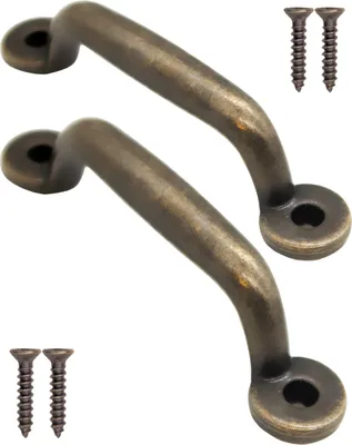 Two cabinet handles and four screws on a white background.