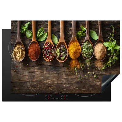 Produktbild von KitchenYeah© Herdabdeckplatte Löffel - Kräuter - Gewürze - Holz , 76x51cm, Küche Deko, Glaskeramikkochfeld Herdabdeckung, Abdeckplatte fùr Kochfeld
