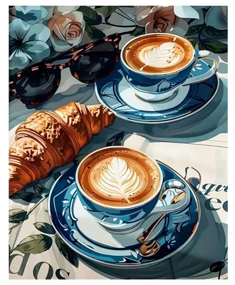 Produktbild von Malen nach Zahlen Set Erwachsene Kaffee Croissant Meerblick 40x50cm
