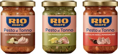 Produktbild von TESTPAKET Rio Mare Pesto al Tonno Thunfischpesto mit Mandeln und Pecorino - mit Pistazien und Zitrone - mit schwarzen Oliven und Chili (3 X 130G)