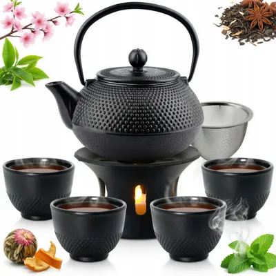 Produktbild von Sokomedica Gusseisen Teekannen-Set mit 4 Tassen Schwarz 0,8 L