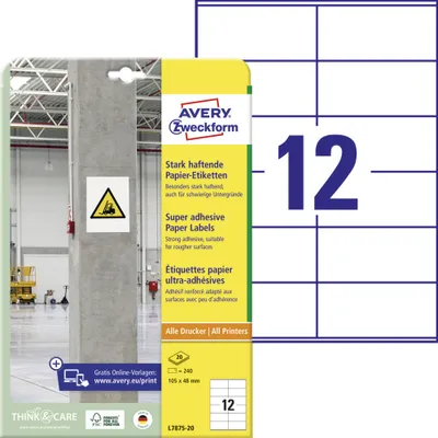 Produktbild von Avery Zweckform L7875-20 Stark haftende Papier-Etiketten, 105 x 48 mm, 20 Bogen/240 Etiketten, weiß