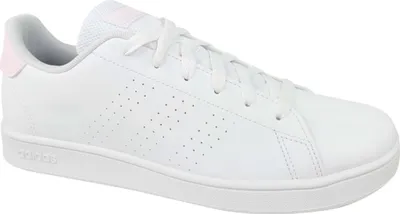 A white Adidas sneaker with pink accents.