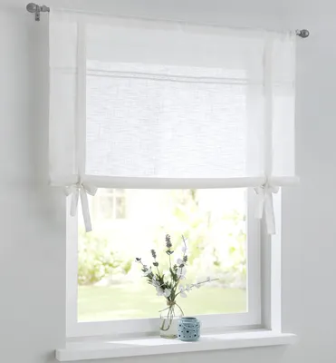 Produktbild von Vicky weißes Raffrollo Raffgardine Leinenoptik mit Hohlsaum-Spitze, Tunnelzug, Landhaus-Gardine Küche, Bindegardine, Breite 80 cm x Höhe 100 cm