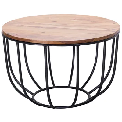 Produktbild von Couchtisch WL5.677 60x39x60 cm Sheesham Massivholz / Metall Korbtisch, Design Sofatisch, Wohnzimmertisch Rund, Stubentisch Industrial Braun, Holztisch Kaffeetisch Massiv Wohnzimmer