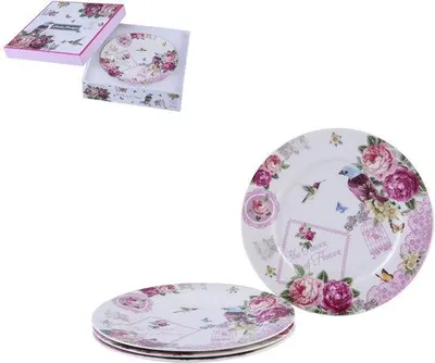 Produktbild von Porzellan-Teller-Set mit breitem Rand, Shabby Chic, Blumen, 4er-Set
