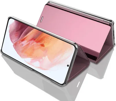 A rose gold flip case for a smartphone is shown in a studio setting.