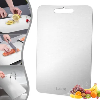 Produktbild von Schneidebrett aus Titan, doppelseitiges Schneidebrett aus Edelstahl 316, lebensmittelecht, BPA-frei, zum Schneiden von Fleisch, Brot, Gemüse und Obst (34 x 23 cm)