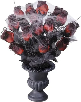 Produktbild von Rote Rosen mit Spinnweben in Vase Halloween-Deko rot-schwarz-grau 35cm -