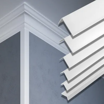 A corner of a room with crown molding and several white corner profiles.