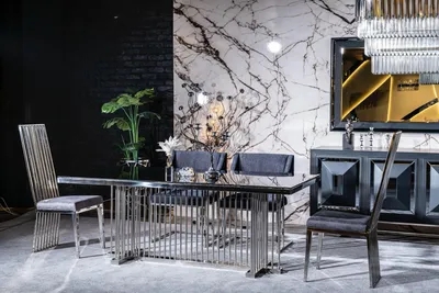 Produktbild von Esszimmer Stuhl Luxus Metall mit Textil Stühle Stil Modern Lehnstuhl