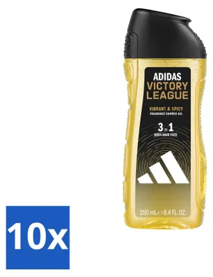 Immagine prodotto di 10 flaconi di gel doccia Adidas 3-in-1 Victory League, 250 ml ciascuno, confezione