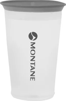 Trinkflasche "MONTANE SPEEDCUP" von Montane; transparent mit grauem Deckel; für Outdoor-Aktivitäten.