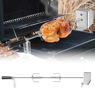 Produktbild von Zestaw rożna ze stali nierdzewnej Sessamen-LP 107 cm zacisk do mięsa BBQ z silnikiem, w tym 2x igły do mięsa, 220 V - 240 V, rożen elektryczny, rożen, rożen obrotowy