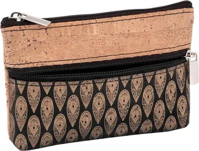 Produktbild von Unyqoos® SIMARU Kork-Mini-Portemonnaie – schlanke Geldbörse, 2 Fächer mit Reißverschluss für Karten, Scheine & Münzen, vegan, Gold-Schwarz, One Size