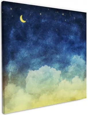 Produktbild von Wallario Premium Leinwandbild Wolkenhimmel mit Mond und Sternen in Größe 50 x 50 cm