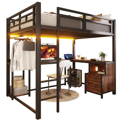 Produktbild von Hochbett mit LED-Beleuchtung, 140x200 cm, mit Schreibtisch, Schubladen, Regal, Rausfallschutz, Kleiderstange und Trittleiter, Metallbett, Jugendbet