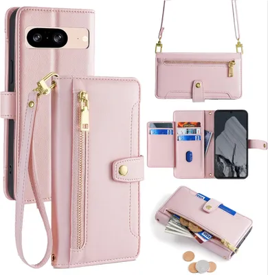 Produktbild von Handykette Google Hülle mit Band Handyhülle Kartenfächer Kunstleder Umhängetasche Pixel 8 Rosa