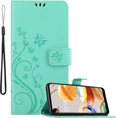 Produktbild von Cadorabo Hülle für LG K61 in FLORAL TÜRKIS Schutzhülle im Blumen Design mit Magnetverschluss, Standfunktion und Kartenfächern Flip Case Flower Cover Etui Handy Klapp Hülle Book Tasche