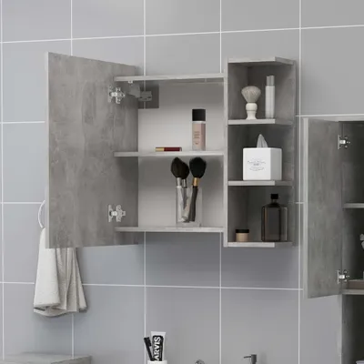 A bathroom cabinet with various toiletries and accessories displayed on its shelves.