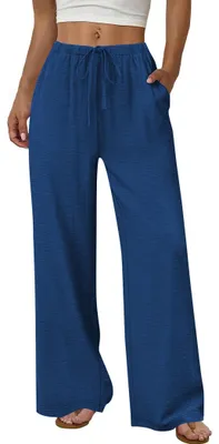 Produktbild von ASKSA Damen Hosen Sommer Weite Hohe Taille Bein Baggy Einfarbig Elegante Lose Flowy Leicht Sommerhose mit Taschen (Dunkelblau,XL)