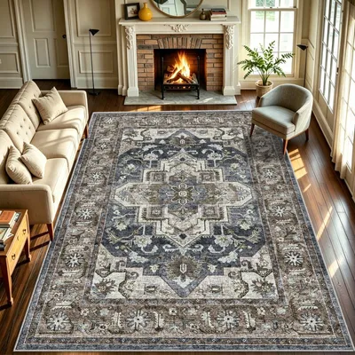 Orientteppich Kurzflor, rutschfest, waschbar, 200x300 cm, Blau-Grau
