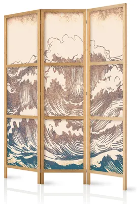 Immagine prodotto di Pannello divisorio giapponese, 3 ante, pieghevole, realizzato in tessuto non tessuto di alta qualità, motivo a onde vintage, ideale per la camera da letto, dimensioni 135 cm x 172 cm