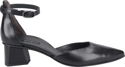 A single black pump shoe with an ankle strap is shown against a white background.
