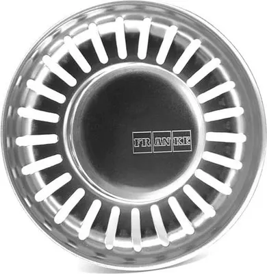A top-down view of a stainless steel sink strainer basket.