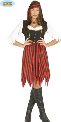 A woman is posing in a pirate costume against a white background.