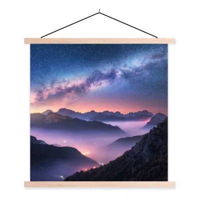 Produktbild von MuchoWow® Textilposter Berge - Sternenhimmel - Nebel 120x120 cm mit holzfarbenen Rahmen - Textil-Poster