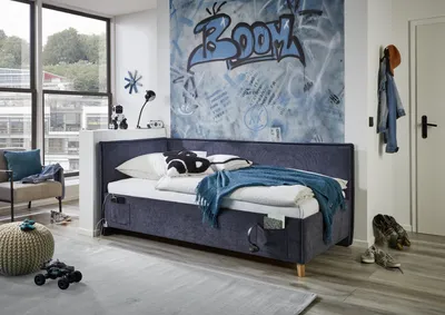 Produktbild von Meise Möbel Kinderbett FUN 90x200 cm | Polsterliege | Bettkasten & Lattenrost | Webstoff Dunkelblau | Holzfuß eiche
