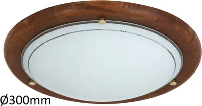 A close-up, straight-on view of a round ceiling light with a wooden frame and a frosted glass diffuser.