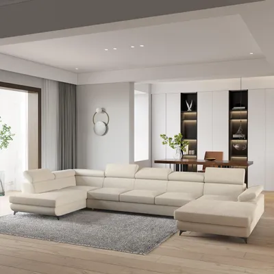 Produktbild von Masseno Ecksofa MONTIVA mit Schlaffunktion U-Form, Sofa mit Bettkasten, Wohnzimmersofa, Couch, Soffa, Bettsofa, Couchgarnitur- Creme, QUELLE 02
