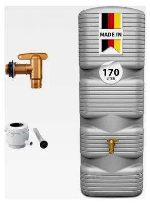 Produktbild von Regentonne Komplett-Set 170 Liter Betongrau – Wassertank mit Kunststoff-Auslaufhahn und Fallrohranschluss – Platzsparender Wandtank, frostsichere Regenwassertonne für den Garten